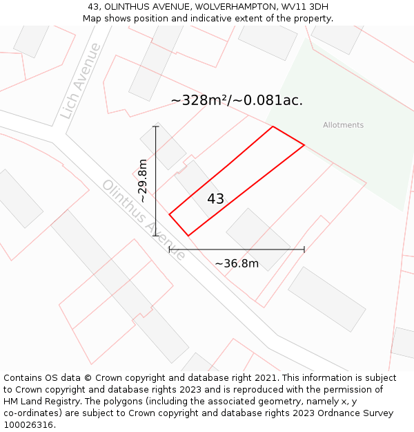 43, OLINTHUS AVENUE, WOLVERHAMPTON, WV11 3DH: Plot and title map