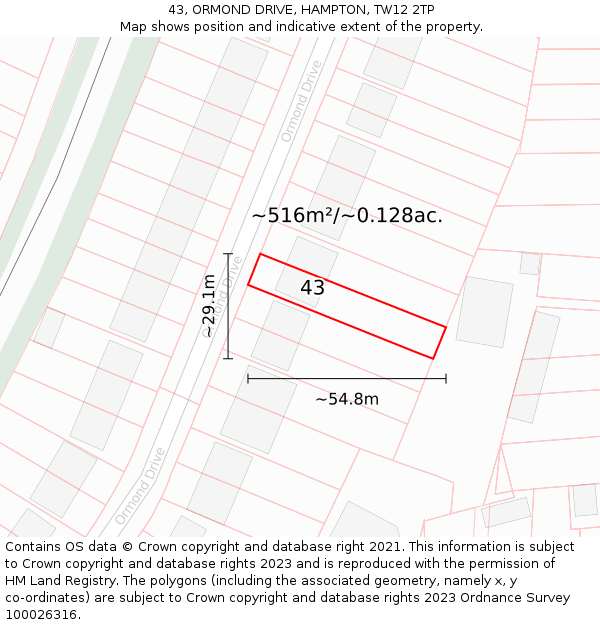 43, ORMOND DRIVE, HAMPTON, TW12 2TP: Plot and title map