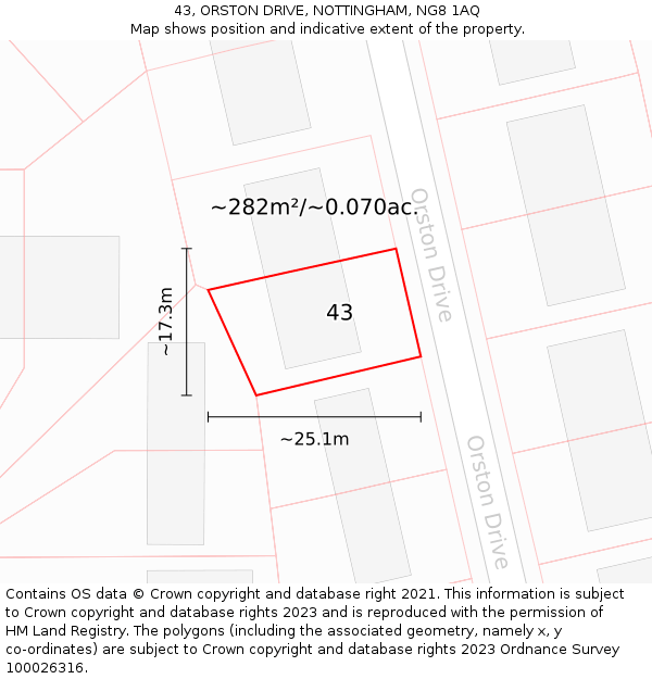 43, ORSTON DRIVE, NOTTINGHAM, NG8 1AQ: Plot and title map