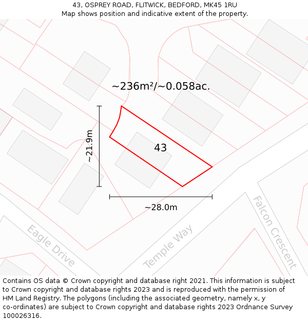 43, OSPREY ROAD, FLITWICK, BEDFORD, MK45 1RU: Plot and title map