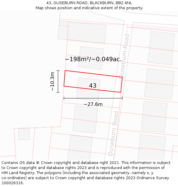 43, OUSEBURN ROAD, BLACKBURN, BB2 4NL: Plot and title map