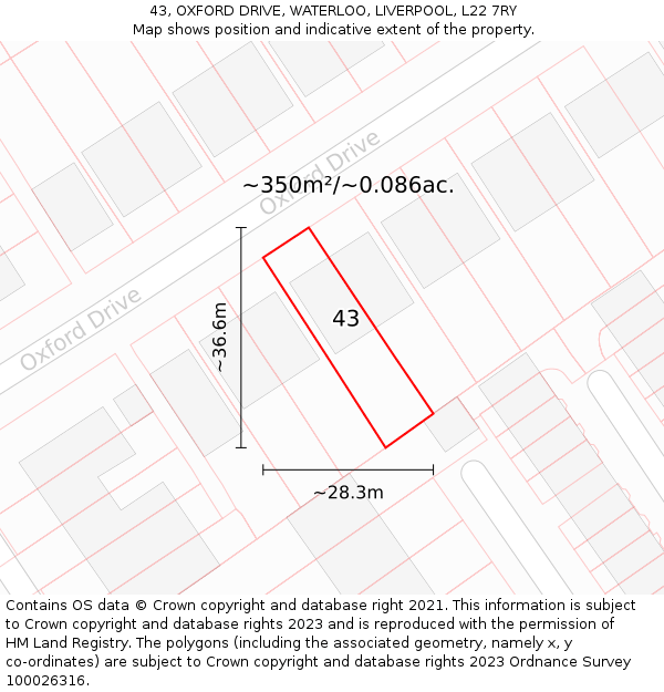 43, OXFORD DRIVE, WATERLOO, LIVERPOOL, L22 7RY: Plot and title map