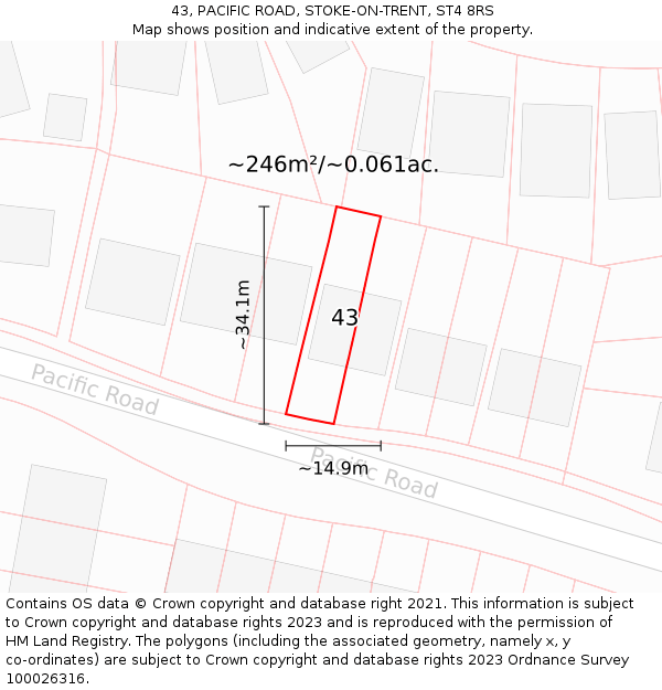 43, PACIFIC ROAD, STOKE-ON-TRENT, ST4 8RS: Plot and title map