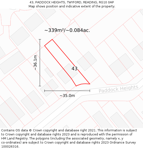 43, PADDOCK HEIGHTS, TWYFORD, READING, RG10 0AP: Plot and title map