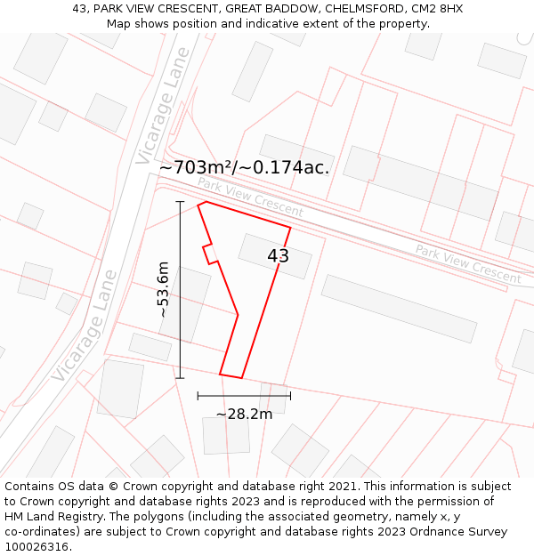 43, PARK VIEW CRESCENT, GREAT BADDOW, CHELMSFORD, CM2 8HX: Plot and title map