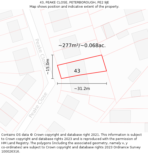 43, PEAKE CLOSE, PETERBOROUGH, PE2 9JE: Plot and title map