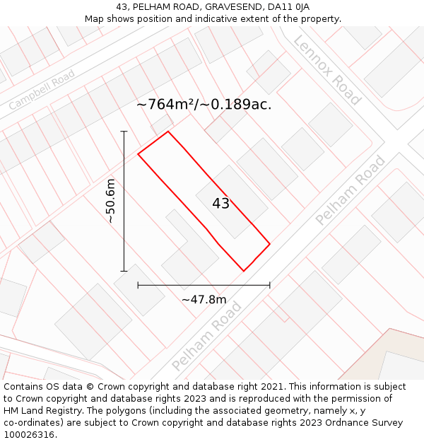 43, PELHAM ROAD, GRAVESEND, DA11 0JA: Plot and title map