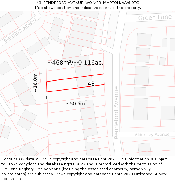 43, PENDEFORD AVENUE, WOLVERHAMPTON, WV6 9EG: Plot and title map
