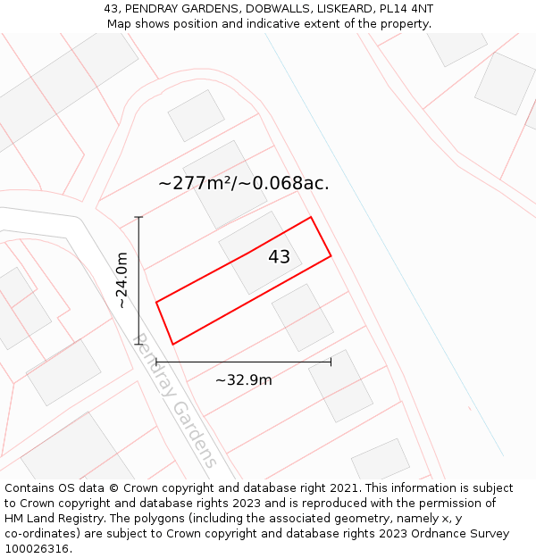 43, PENDRAY GARDENS, DOBWALLS, LISKEARD, PL14 4NT: Plot and title map