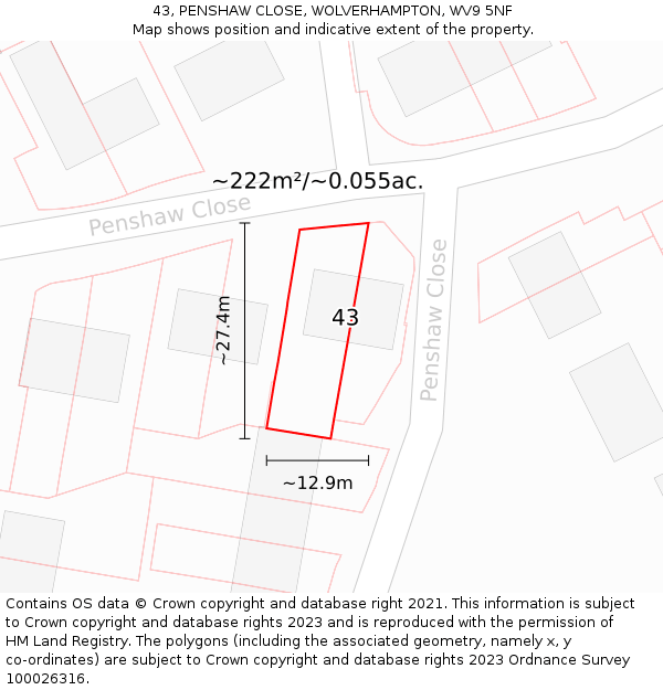 43, PENSHAW CLOSE, WOLVERHAMPTON, WV9 5NF: Plot and title map