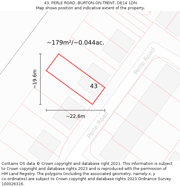 43, PERLE ROAD, BURTON-ON-TRENT, DE14 1DN: Plot and title map