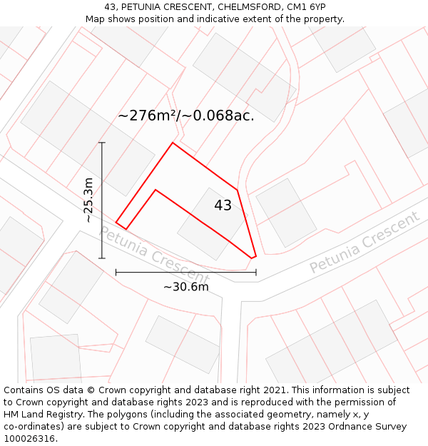 43, PETUNIA CRESCENT, CHELMSFORD, CM1 6YP: Plot and title map