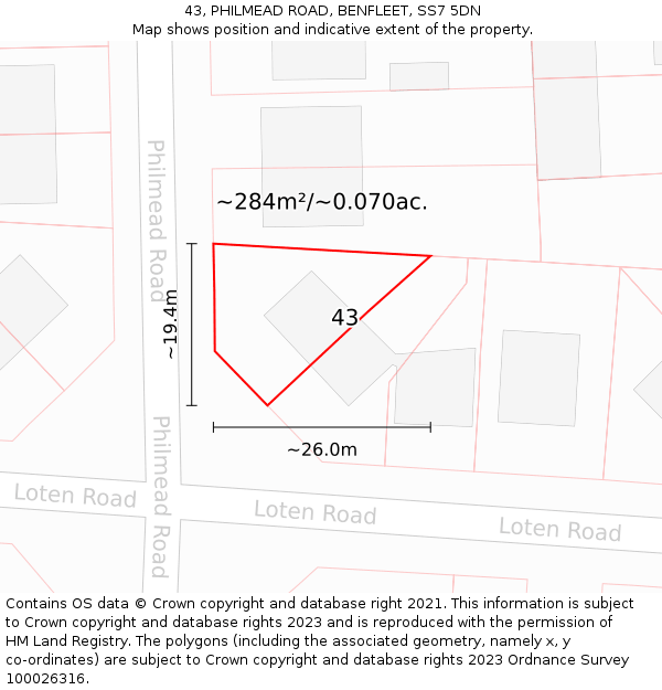 43, PHILMEAD ROAD, BENFLEET, SS7 5DN: Plot and title map