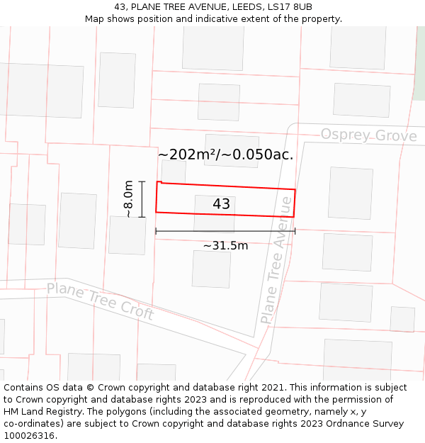 43, PLANE TREE AVENUE, LEEDS, LS17 8UB: Plot and title map