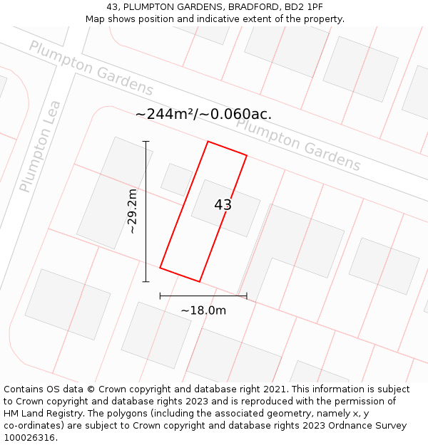 43, PLUMPTON GARDENS, BRADFORD, BD2 1PF: Plot and title map