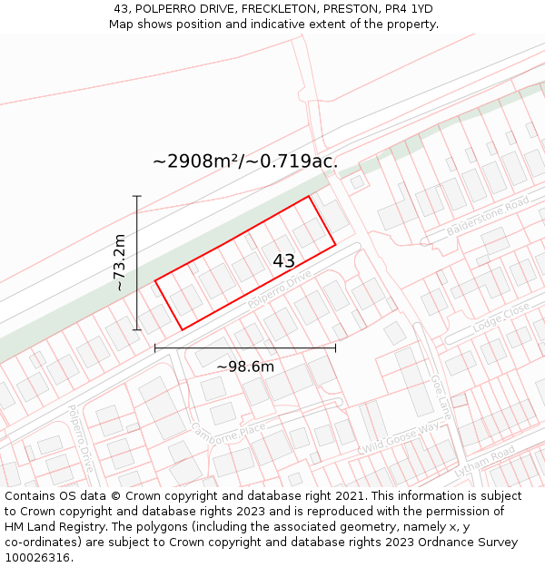 43, POLPERRO DRIVE, FRECKLETON, PRESTON, PR4 1YD: Plot and title map