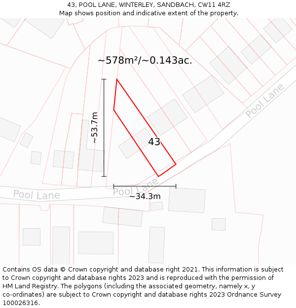 43, POOL LANE, WINTERLEY, SANDBACH, CW11 4RZ: Plot and title map