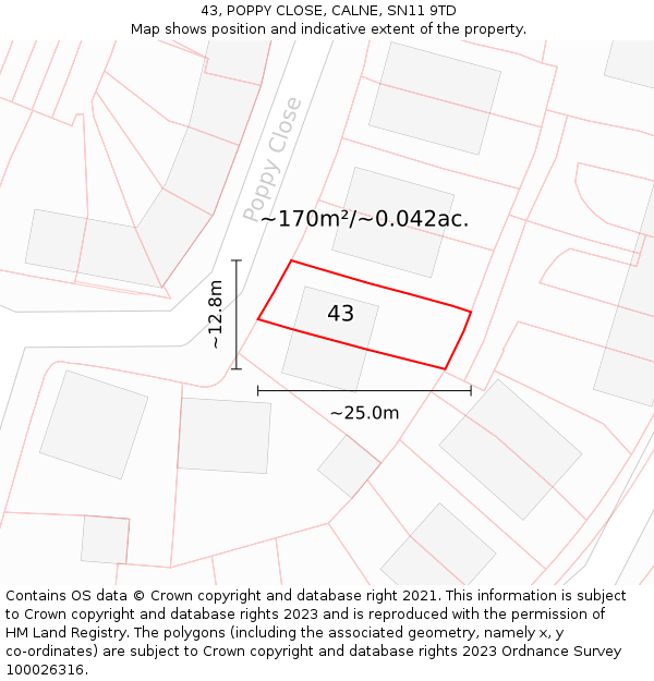43, POPPY CLOSE, CALNE, SN11 9TD: Plot and title map