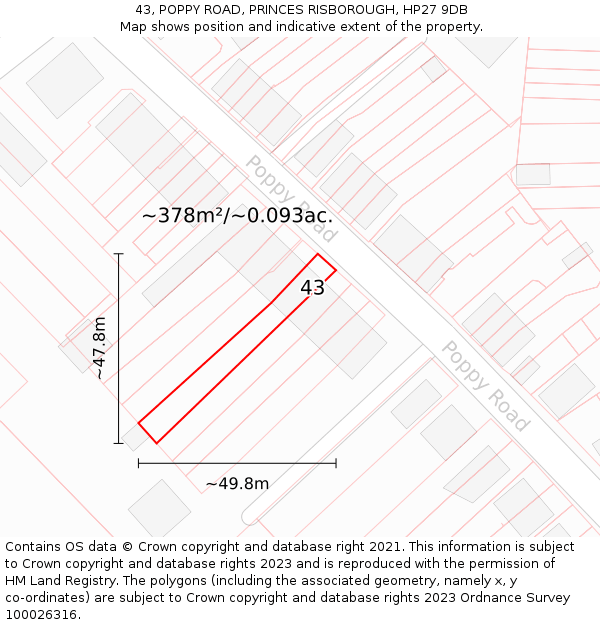 43, POPPY ROAD, PRINCES RISBOROUGH, HP27 9DB: Plot and title map