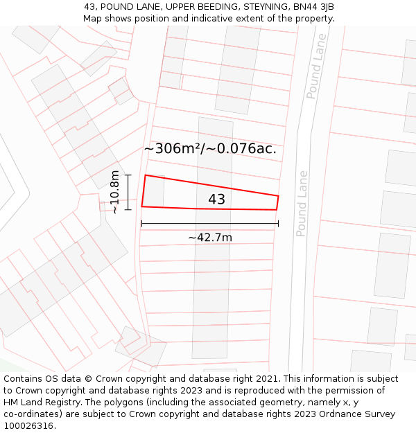 43, POUND LANE, UPPER BEEDING, STEYNING, BN44 3JB: Plot and title map