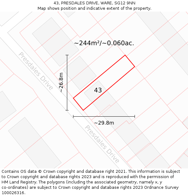 43, PRESDALES DRIVE, WARE, SG12 9NN: Plot and title map
