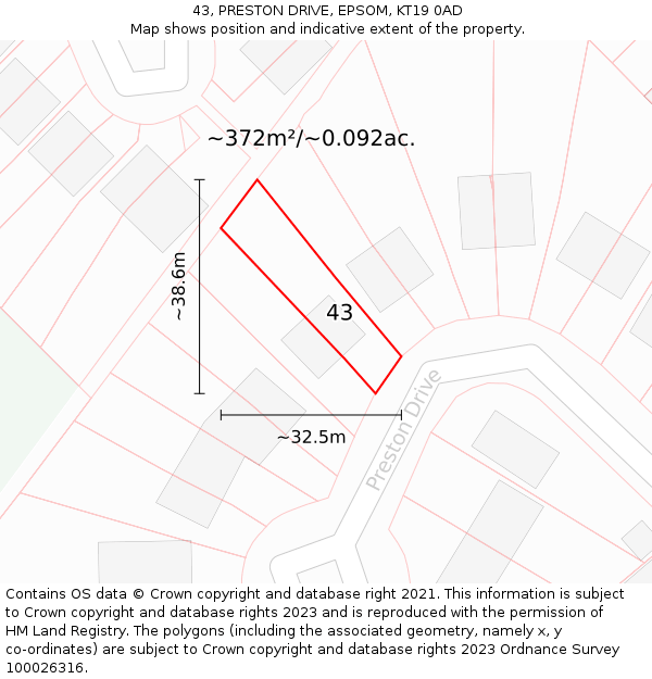 43, PRESTON DRIVE, EPSOM, KT19 0AD: Plot and title map