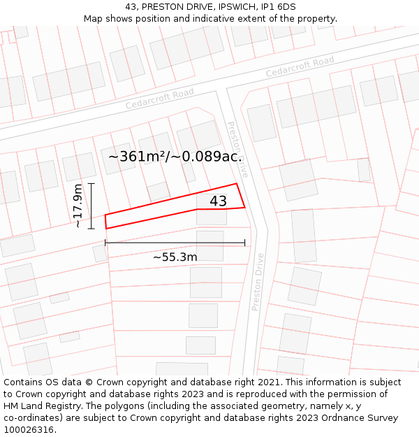 43, PRESTON DRIVE, IPSWICH, IP1 6DS: Plot and title map