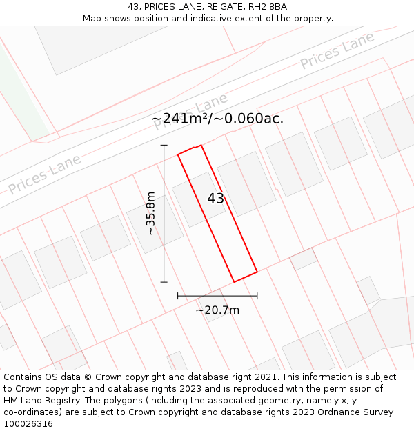 43, PRICES LANE, REIGATE, RH2 8BA: Plot and title map