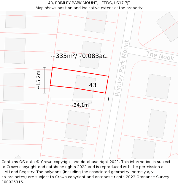 43, PRIMLEY PARK MOUNT, LEEDS, LS17 7JT: Plot and title map