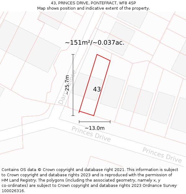43, PRINCES DRIVE, PONTEFRACT, WF8 4SP: Plot and title map