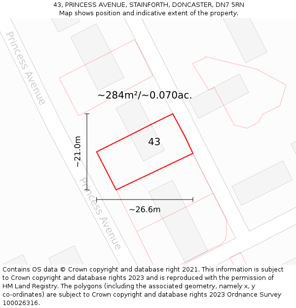 43, PRINCESS AVENUE, STAINFORTH, DONCASTER, DN7 5RN: Plot and title map