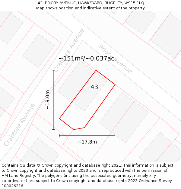 43, PRIORY AVENUE, HAWKSYARD, RUGELEY, WS15 1LQ: Plot and title map