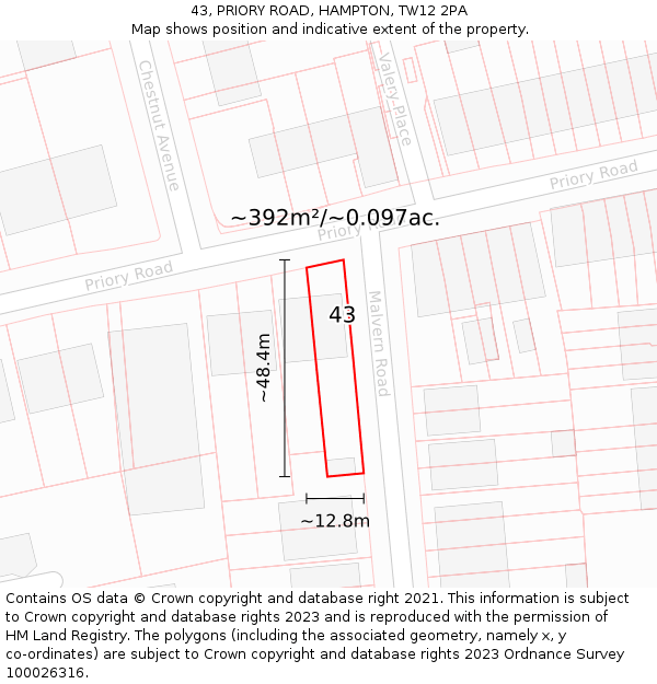 43, PRIORY ROAD, HAMPTON, TW12 2PA: Plot and title map