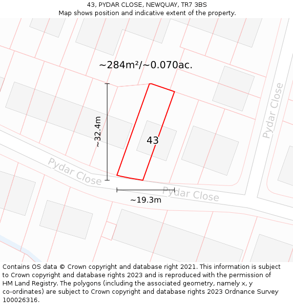 43, PYDAR CLOSE, NEWQUAY, TR7 3BS: Plot and title map