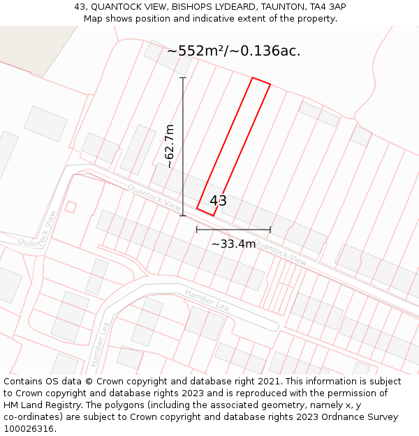 43, QUANTOCK VIEW, BISHOPS LYDEARD, TAUNTON, TA4 3AP: Plot and title map