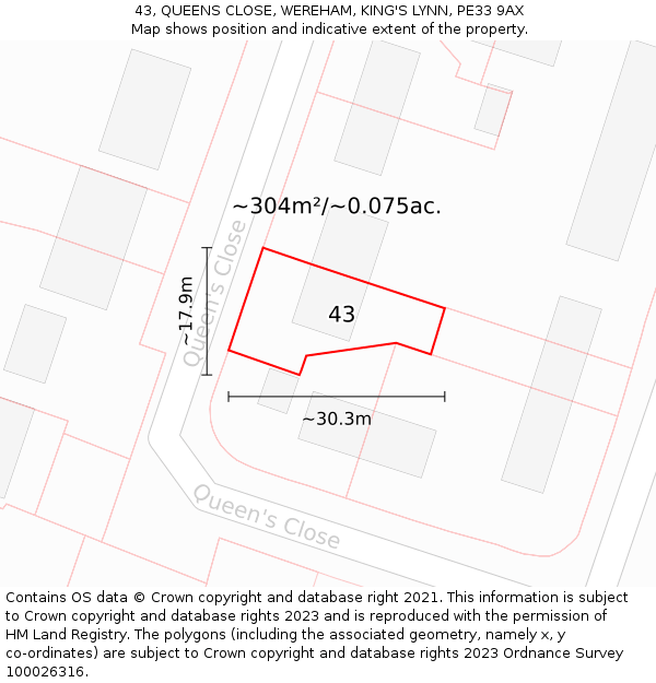 43, QUEENS CLOSE, WEREHAM, KING'S LYNN, PE33 9AX: Plot and title map