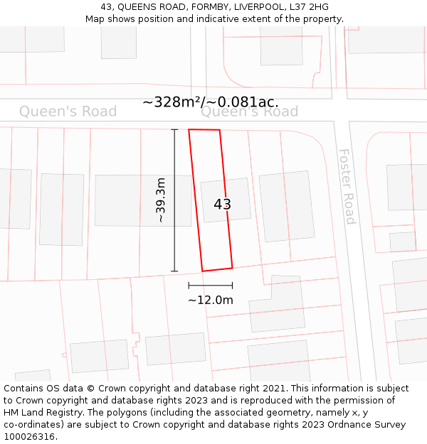 43, QUEENS ROAD, FORMBY, LIVERPOOL, L37 2HG: Plot and title map