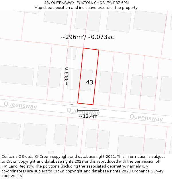 43, QUEENSWAY, EUXTON, CHORLEY, PR7 6PN: Plot and title map