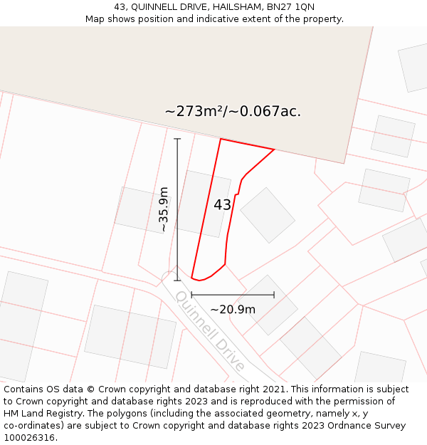43, QUINNELL DRIVE, HAILSHAM, BN27 1QN: Plot and title map