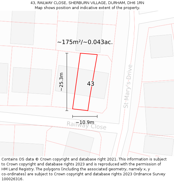 43, RAILWAY CLOSE, SHERBURN VILLAGE, DURHAM, DH6 1RN: Plot and title map