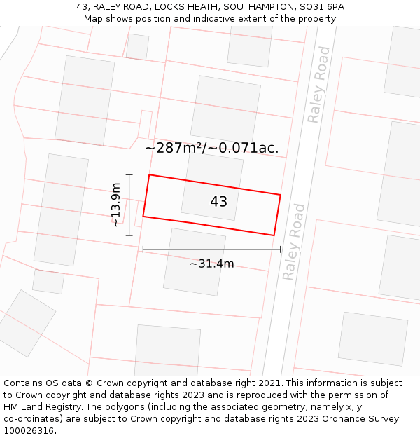 43, RALEY ROAD, LOCKS HEATH, SOUTHAMPTON, SO31 6PA: Plot and title map