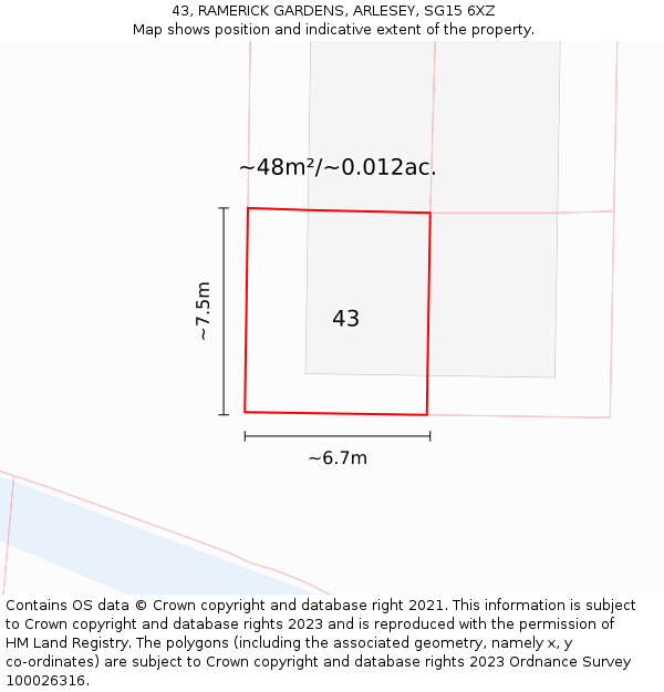 43, RAMERICK GARDENS, ARLESEY, SG15 6XZ: Plot and title map