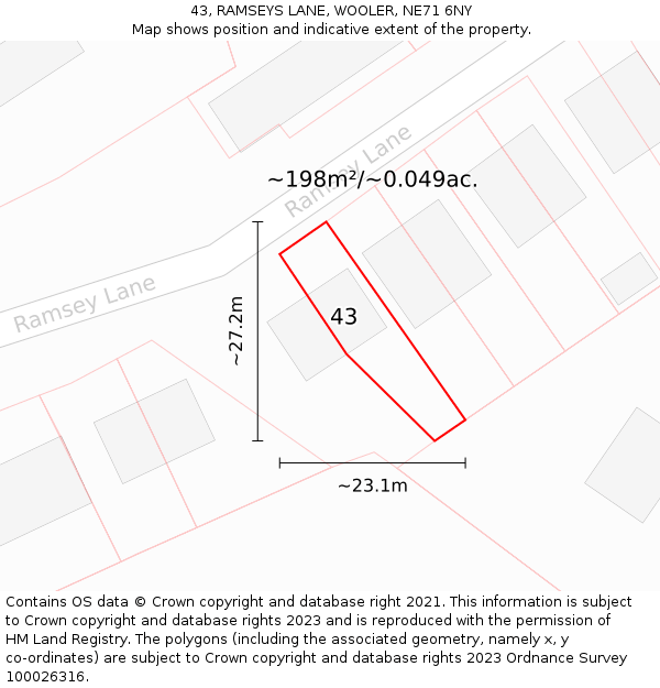 43, RAMSEYS LANE, WOOLER, NE71 6NY: Plot and title map