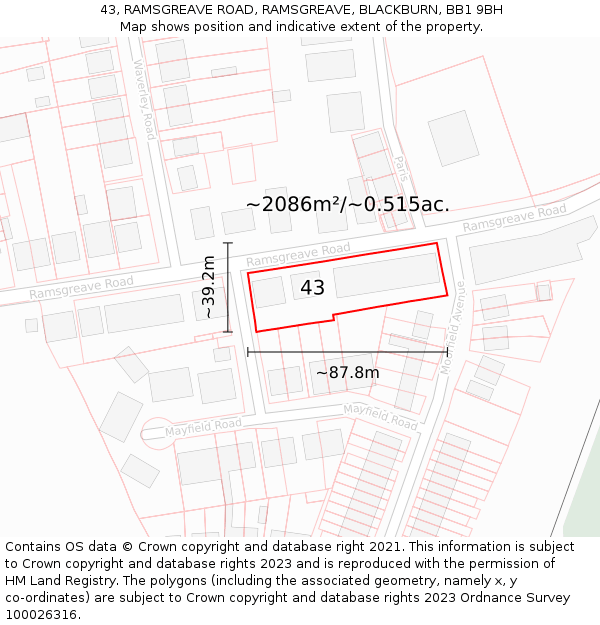 43, RAMSGREAVE ROAD, RAMSGREAVE, BLACKBURN, BB1 9BH: Plot and title map