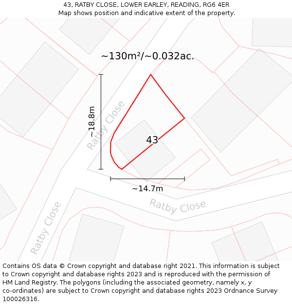 43, RATBY CLOSE, LOWER EARLEY, READING, RG6 4ER: Plot and title map