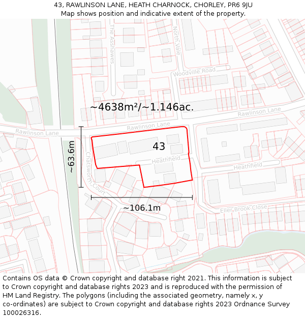 43, RAWLINSON LANE, HEATH CHARNOCK, CHORLEY, PR6 9JU: Plot and title map