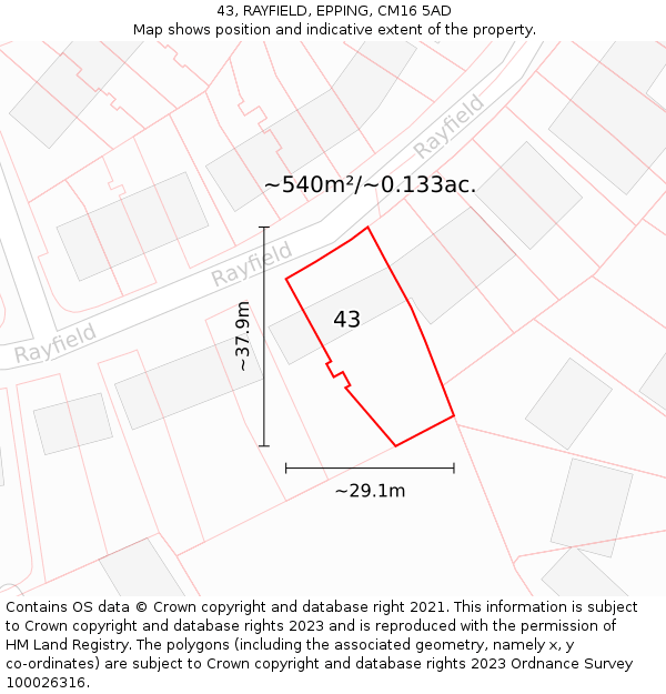 43, RAYFIELD, EPPING, CM16 5AD: Plot and title map