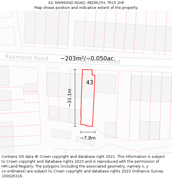 43, RAYMOND ROAD, REDRUTH, TR15 2HF: Plot and title map