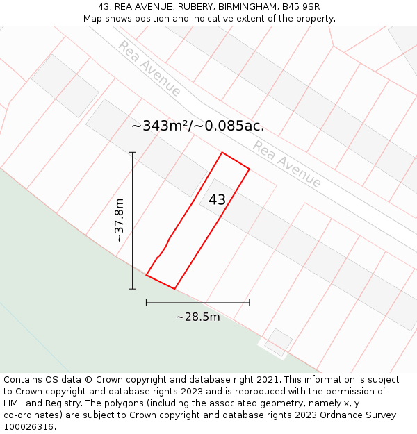 43, REA AVENUE, RUBERY, BIRMINGHAM, B45 9SR: Plot and title map