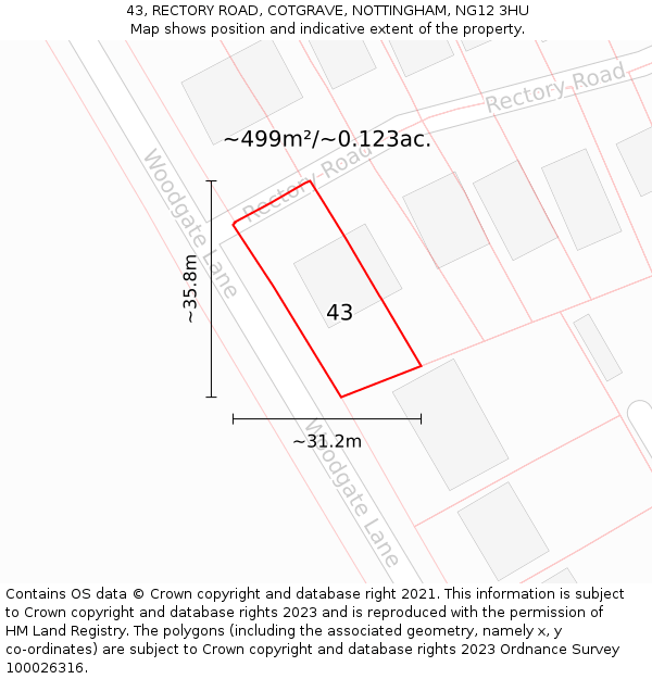 43, RECTORY ROAD, COTGRAVE, NOTTINGHAM, NG12 3HU: Plot and title map